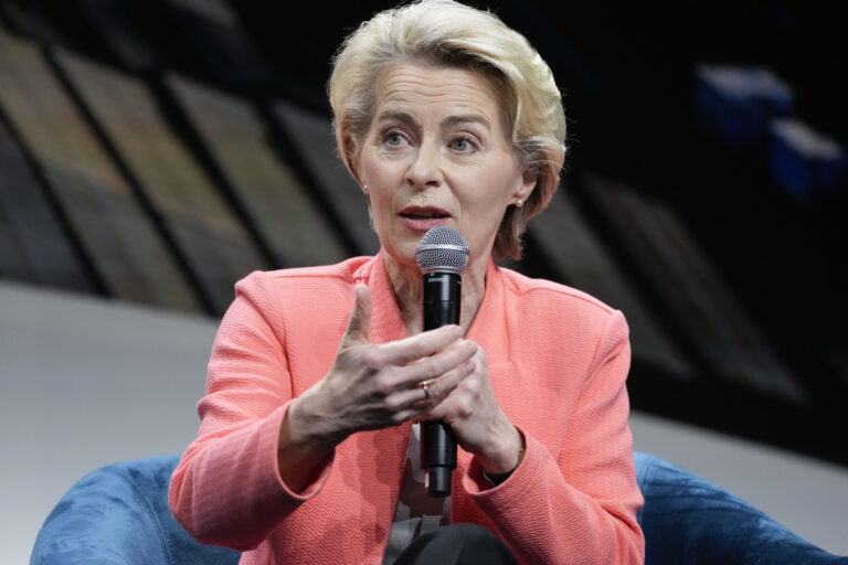 European Commission President Ursula von der Leyen speaks during a panel discussion at the Global Citizen NOW Summit, Thursday, April 27, 2023, in New York. (AP Photo/Mary Altaffer)