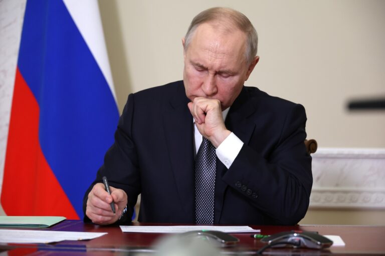 Russian President Vladimir Putin attends a cabinet meeting via videoconference in Moscow, Russia, Tuesday, May 2, 2023. (Mikhail Klimentyev, Sputnik, Kremlin Pool Photo via AP)