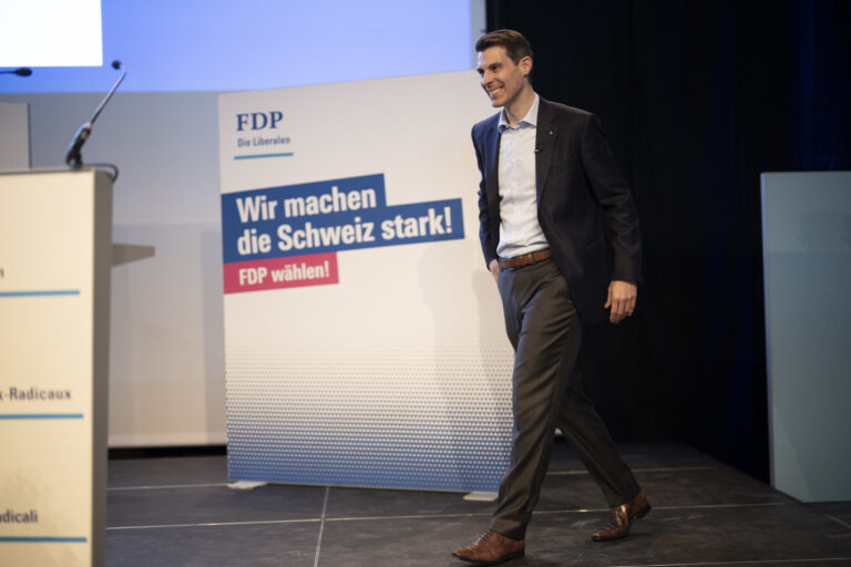 Parteipraesident Thierry Burkart an der Delegiertenversammlung der FDP Schweiz, am Samstag, 6. Mai 2023, in Kreuzlingen. (KEYSTONE/Gian Ehrenzeller)