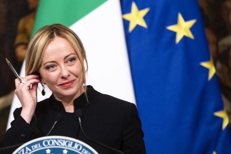epa10625177 Italian Prime Minister Giorgia Meloni attends a joint press conference with Ukraine's president at Chigi Palace in Rome, Italy, 13 May 2023. It is the first time Zelensky visits Italy since the start of the Russian invasion of Ukraine in February 2022. EPA/ANGELO CARCONI