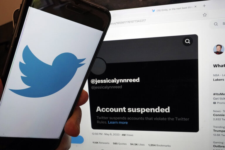 This Thursday, May 11, 2023, image taken in New York, shows the account suspended notice of Jessica Reed on the Twitter page of her younger sister Emily Reed. On Monday, May 8, 2023, Twitter CEO Elon Musk announced the platform would be 