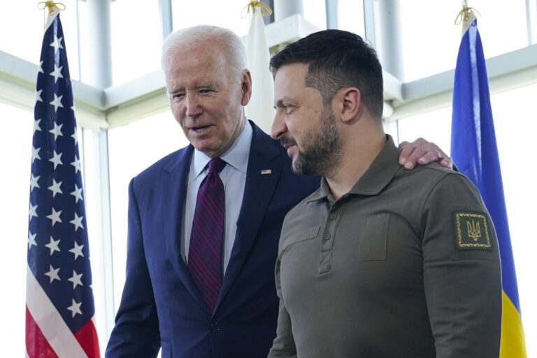 President Joe Biden, left, walks with Ukrainian President Volodymyr Zelenskyy ahead of a working session on Ukraine during the G7 Summit in Hiroshima, Japan, Sunday, May 21, 2023. (AP Photo/Susan Walsh, POOL)