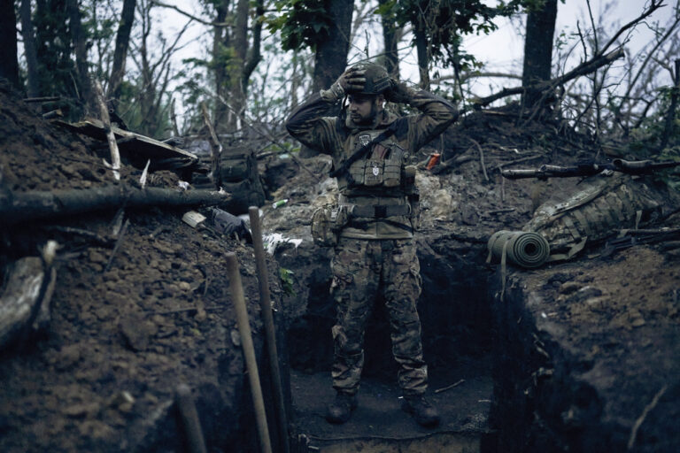 A Ukrainian soldier in a trench at the frontline near Bakhmut in the Donetsk region, Ukraine, Saturday, May 27, 2023. (AP Photo/Libkos)