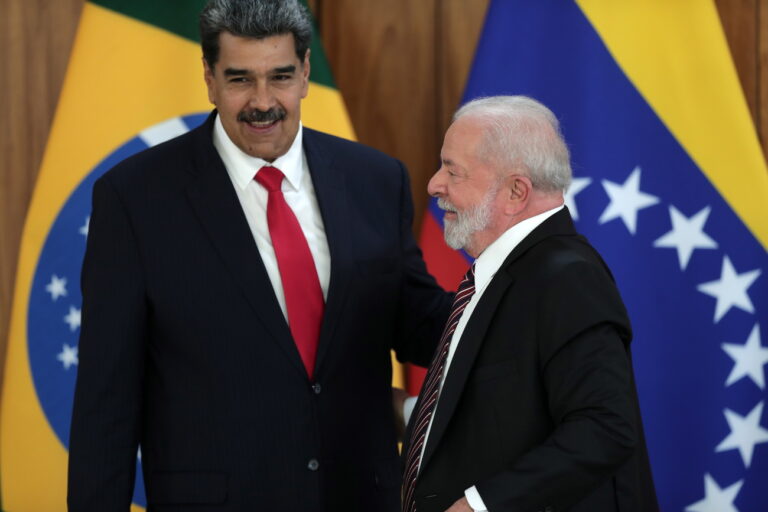 epa10662443 Brazil's President Luiz Inacio Lula da Silva (R) and his Venezuelan counterpart Nicolas Maduro attend a press conference after a meeting at the Palacio do Planalto in Brasilia, Brazil, 29 May 2023. Maduro is on an official visit to participate in a summit called by the president of Brazil, which will be attended by ten South American heads of state and a representative from the Peruvian government. EPA/Andre Coelho