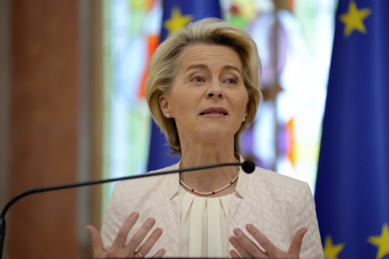 European Commission President Ursula von der Leyen addresses a media conference in Chisinau, Moldova, prior to the European Political Community Summit, Wednesday, May 31, 2023. The meeting of the European Political Community will focus on peace and security, climate and energy. (AP Photo/Andreea Alexandru)