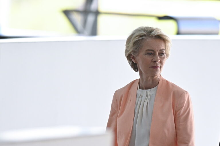 epa10687188 President of the European Commission Ursula von der Leyen talks with Brazilian President Luiz Inacio Lula da Silva (not pictured) during a meeting at the Planalto Palace in Brasà­lia, Brazil, 12 June 2023. EPA/Andre Borges