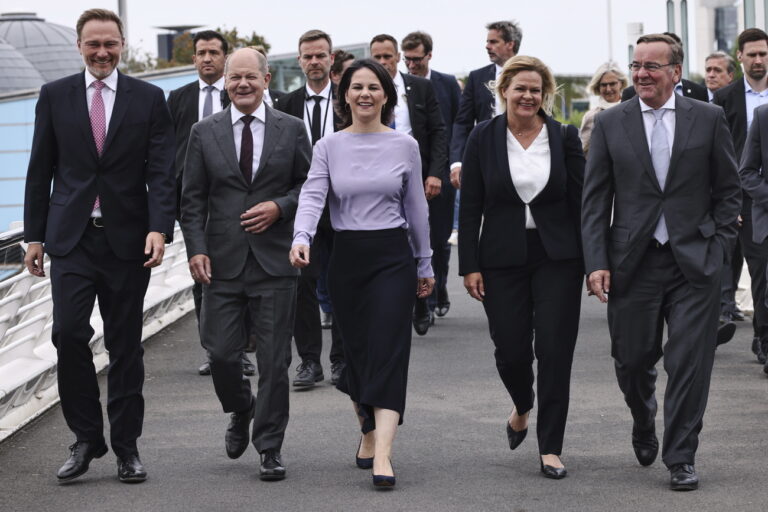 epa10690054 (L-R) German Finance Minister Christian Lindner, German Chancellor Olaf Scholz, German Foreign Minister Annalena Baerbock, German Interior Minister Nancy Faeser and German Defense Minister Boris Pistorius walk from the chancellery towards a press conference on the presentation of the German National Security Strategy in Berlin, Germany, 14 June 2023. The National Security Strategy is supposed to take into account internal and external threats to the security of the country. EPA/CLEMENS BILAN