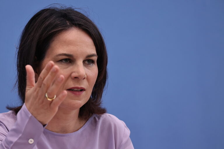 epa10690246 German Foreign Minister Annalena Baerbock gestures during a press conference on the presentation of the German National Security Strategy in Berlin, Germany, 14 June 2023. The National Security Strategy is supposed to take into account internal and external threats to the security of the country. EPA/CLEMENS BILAN