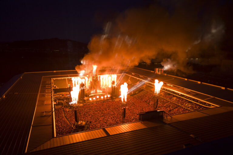 Aerial view of the concert of German band Rammstein at the Wankdorf Stadion, in Bern, Switzerland, on Saturday, June 17, 2023. Despite sexual abuse accusations against the band's lead singer Till Lindemann, the concerts in Bern do take a place for 17-18 June. (KEYSTONE/Anthony Anex)