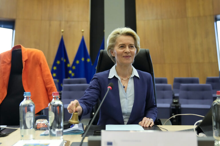 European Commission President Ursula von der Leyen rings a bell to signify the start of the weekly College of Commissioners meeting at EU headquarters in Brussels, Tuesday, June 20, 2023. European Commission President Ursula von der Leyen and her College of Commissioners on Tuesday will set forward proposals to beef up their budget and earmark tens of billions for Ukraine. At the same time, the EU's executive will also put forward plans to its trade dealings with China when it comes to sensitive exports that might affect the strategic independence of the 27-nation bloc. (AP Photo/Virginia Mayo)
