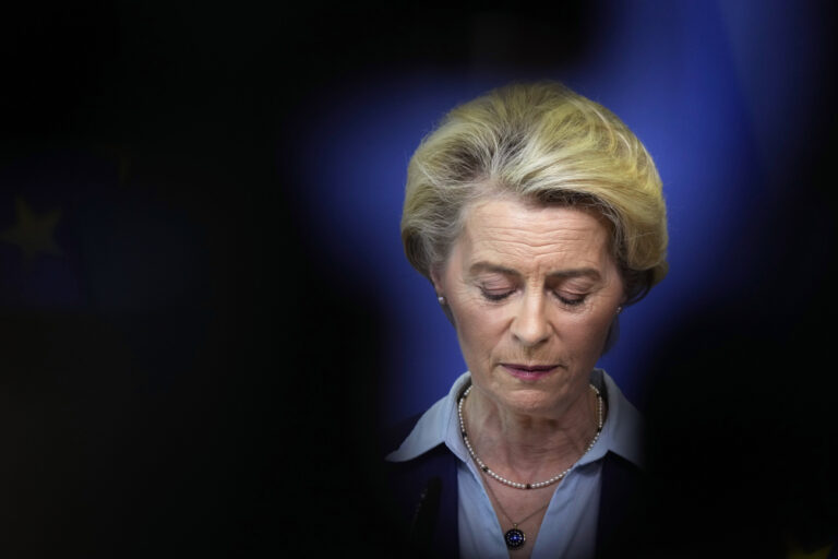 European Commission President Ursula von der Leyen pauses before speaking during a media conference after a meeting of the College of Commissioners at EU headquarters in Brussels, Tuesday, June 20, 2023. (AP Photo/Virginia Mayo)