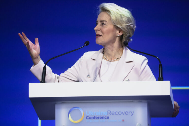 European Commission President Ursula von der Leyen speaks during the Ukraine Recovery Conference in London, Wednesday, June 21, 2023. (Leah Millis/Pool Photo via AP)