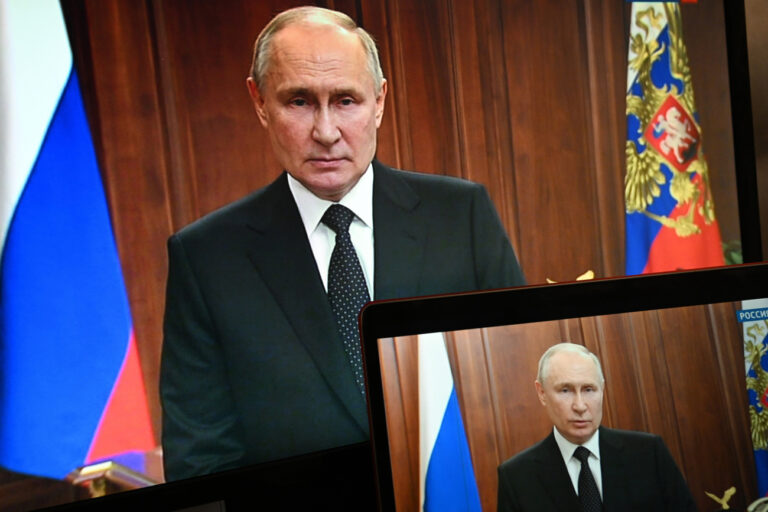 Russian President Vladimir Putin is seen on monitors as he addresses the nation after Yevgeny Prigozhin, the owner of the Wagner Group military company, called for armed rebellion and reached the southern city of Rostov-on-Don with his troops, in Moscow, Russia, Saturday, June 24, 2023. (Pavel Bednyakov, Sputnik, Kremlin Pool Photo via AP)