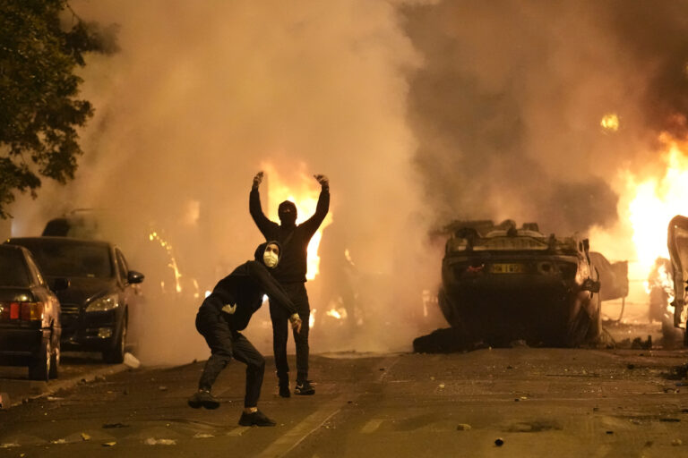 Youths clash with Police forces in Nanterre, outside Paris, Thursday, June 29, 2023. The death of 17-year-old Nael by police during a traffic check Tuesday in the Paris suburb of Nanterre elicited nationwide concern and widespread messages of indignation and condolences. Interior Minister Gerald Darmanin said 1,200 police were deployed overnight and 2,000 would be out in force Wednesday in the Paris region and around other big cities to 