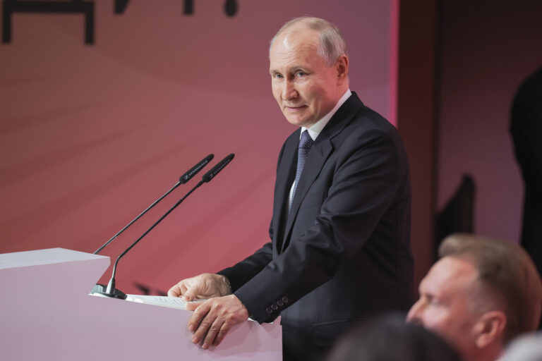 Russian President Vladimir Putin delivers a speech during the plenary session of the Strong Ideas for a New Time forum, in Moscow, Russia, Thursday, June 29, 2023. (Sergei Savostyanov, Sputnik, Kremlin Pool Photo via AP)