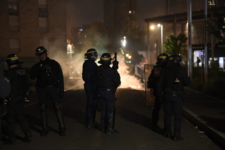 epa10718293 Riot police clash with protesters in Nanterre, near Paris, France, 29 June 2023. Violence broke out after police fatally shot a 17-year-old during a traffic stop in Nanterre on 27 June 2023. According to the French interior minister, 31 people were arrested with 2,000 officers being deployed to prevent further violence. EPA/JULIEN MATTIA