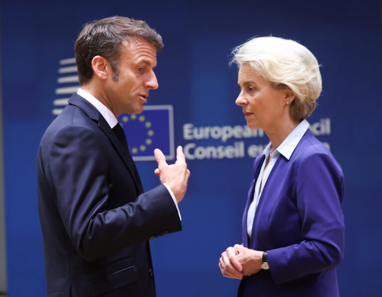 epa10718704 French President Emmanuel Macron and European Commission President Ursula von der Leyen (R) at the second day of a European Council in Brussels, Belgium, 30 June 2023. EU leaders are gathering in Brussels for a two-day summit to discuss the latest developments in relation to Russia's invasion of Ukraine and continued EU support for Ukraine as well as the block's economy, security, migration and external relations, among other topics. EPA/OLIVIER HOSLET