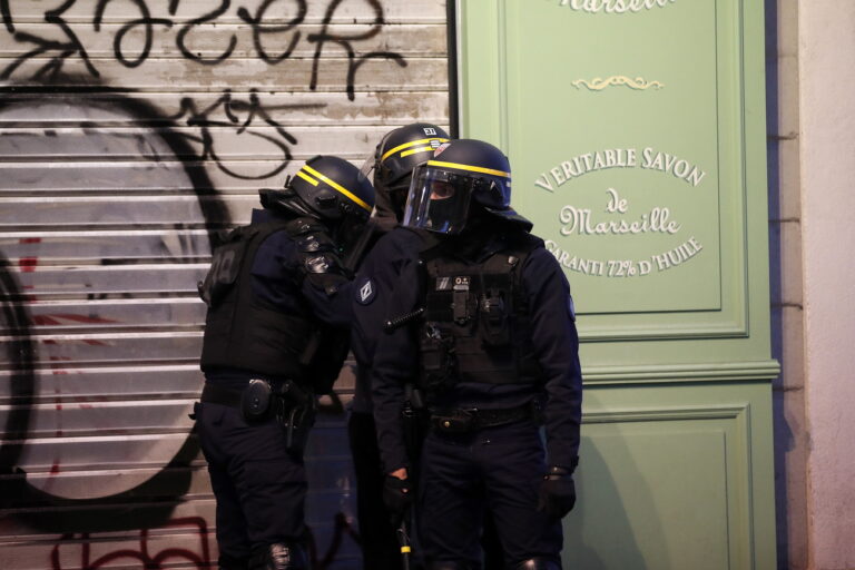 epa10720036 Riot police during clashes following a demonstration in memory of 17-year-old Nahel who was killed by French Police in Marseille, France, 30 June 2023. Violence broke out all over France after police fatally shot a 17-year-old teenager during a traffic stop in Nanterre on 27 June. EPA/SEBASTIEN NOGIER