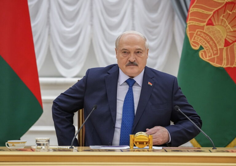 epa10729533 Belarusian President Alexander Lukashenko attends a meeting with foreign journalists, in Minsk, Belarus, 06 July 2023. 'Nuclear weapons deployment sites were completely ready a month ago. Most of them were moved and are in Belarus. By the end of the year, for sure, but I think we will completely move the warheads that are intended for this much earlier', Lukashenko said on 06 July at a meeting with foreign and Belarusian journalists in Minsk. The Belarusian president also said he was ready to use Wagner PMC in the republic, and stated that the issue of relocation of Wagner PMC to Belarus has not yet been resolved. EPA/STRINGER