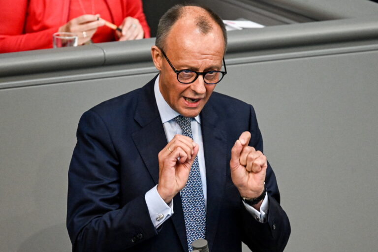 epa10731447 CDU party and faction Chairman Friedrich Merz speaks during a session of the German Bundestag in Berlin, Germany, 07 July 2023. Germany's Constitutional Court in Karlsruhe on 06 July ruled that parliamentary vote on new controversial heating bill must be postponed. EPA/FILIP SINGER