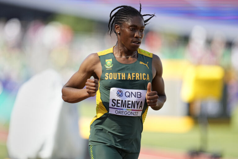 FILE - Caster Semenya, of South Africa, competes during a heat in the women's 5000-meter run at the World Athletics Championships on July 20, 2022, in Eugene, Oregon. The European Court of Human Rights is expected to deliver what could be the final word Tuesday in Olympic champion runner Caster Semenya's yearslong legal challenge against rules that force her and other female athletes to lower their natural hormone levels through medical intervention to be allowed to compete in women's track and field races. (AP Photo/Ashley Landis, File)