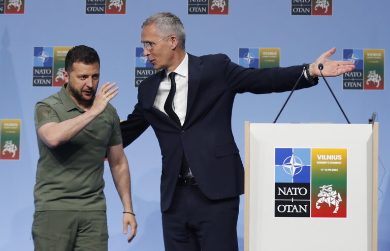 epa10741207 NATO Secretary General Jens Stoltenberg (R) and the President of Ukraine Volodymyr Zelensky (L) attend a joint press conference following a bilateral meeting, at the NATO ​summit in Vilnius, Lithuania, 12 July 2023. The North Atlantic Treaty Organization (NATO) Summit takes place in Vilnius on 11 and 12 July 2023 with the alliance's leaders expected to adopt new defense plans. EPA/TOMS KALNINS