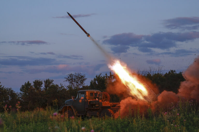 A Ukrainian army Grad multiple rocket launcher fires rockets at Russian positions in the frontline near Bakhmut, Donetsk region, Ukraine, Wednesday, July 12, 2023. (Roman Chop via AP)