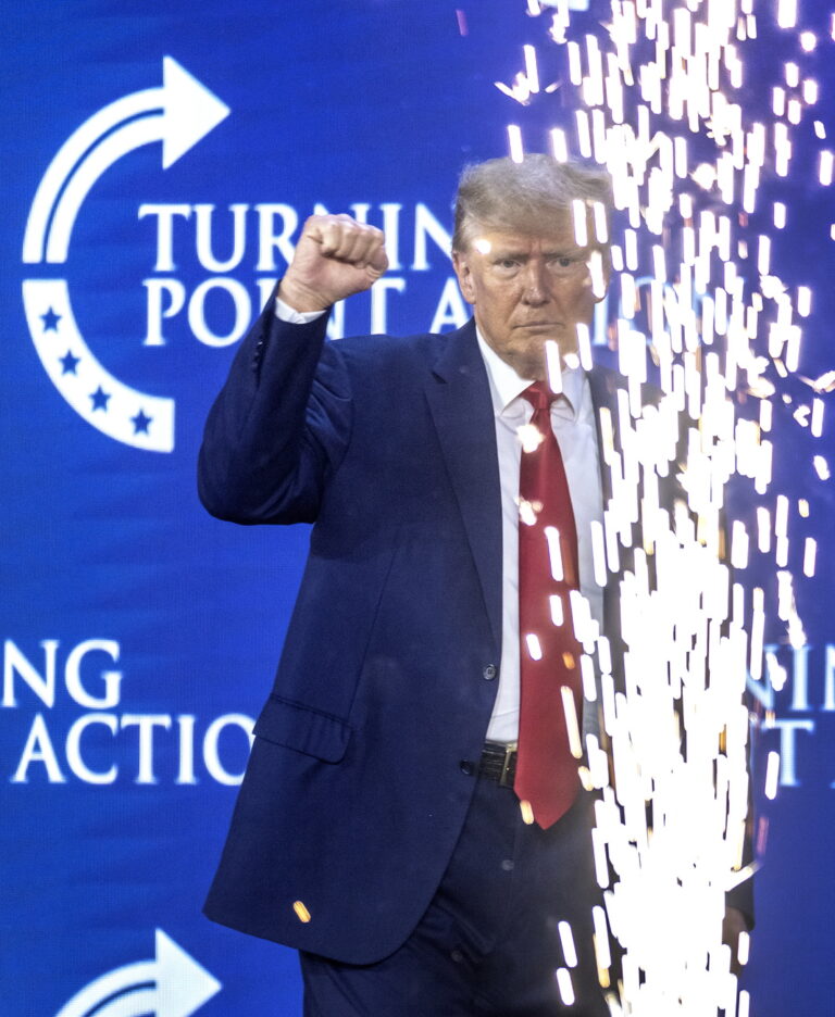 epa10748693 Former US President Donald J. Trump dances after he delivered remarks during the Turning Point Action Conference in West Palm Beach, Florida, USA, 15 July 2023. Turning Point Action is a conservative organization founded in 2019, its mission is to embolden the conservative base through grassroots activism and provide voters with resources to elect conservative leaders. EPA/CRISTOBAL HERRERA-ULASHKEVICH