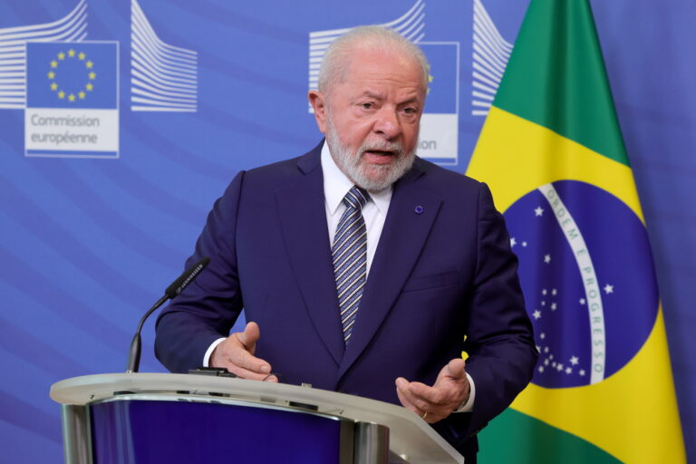 epa10750988 Brazil's President Luiz Inacio Lula da Silva addresses members of the media prior to a meeting with the President of the European Commission in Brussels, Belgium, 17 July 2023, on the day of the third EU-CELAC summit between leaders from the EU and the Community of Latin American and Caribbean States (CELAC). EPA/OLIVIER MATTHYS
