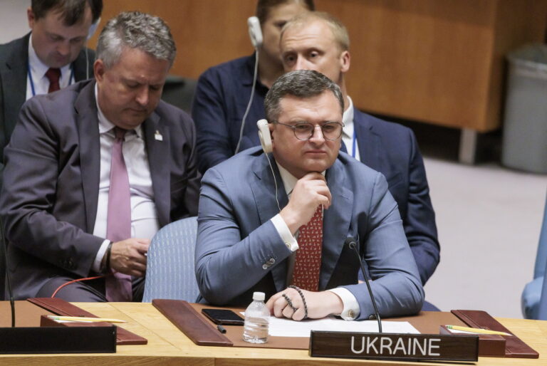 epa10752379 Ukraine's Foreign Minister Dmytro Kuleba attends an United Nations Security Council about Russia's ongoing invasion of Ukraine at United Nations headquarters in New York, New York, USA, 17 July 2023. Russia announced on 17 July it is not going to extend the U.N.-backed Black Sea Grain Initiative, an agreement allowing Ukraine to export grain through Black Sea. The last ship carrying Ukrainian grain, The TQ Samsung, is to arrive to Turkey on 17 or 18 July. UN Secretary General Gutterez in a statement expressed he is disapointed about Russia's withdrawal from the agreement as this decision puts at risk global food security. EPA/JUSTIN LANE