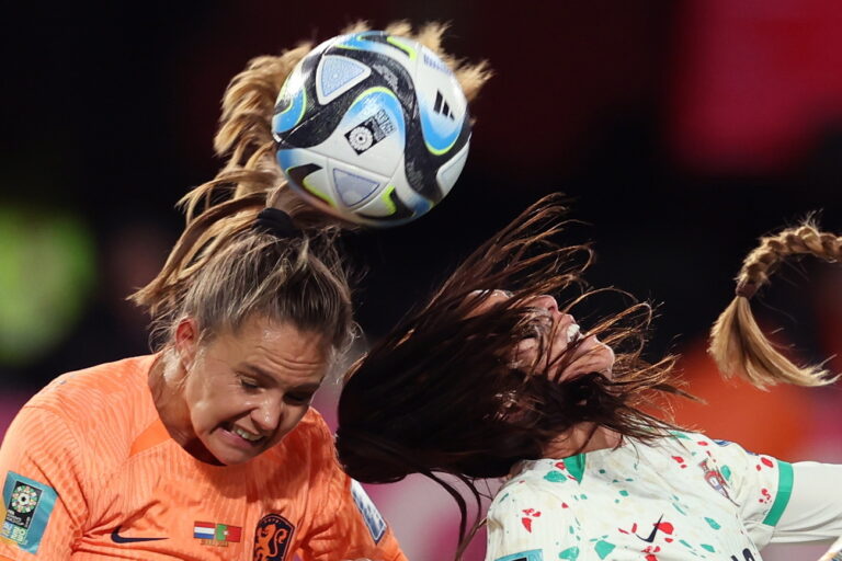 epa10763533 Lieke Martens (L) of the Netherlands in action against Fatima Pinto (R) of Portugal during the FIFA Women's World Cup group E soccer match between the Netherlands and Portugal, in Dunedin, New Zealand, 23 July 2023. EPA/RITCHIE B. TONGO