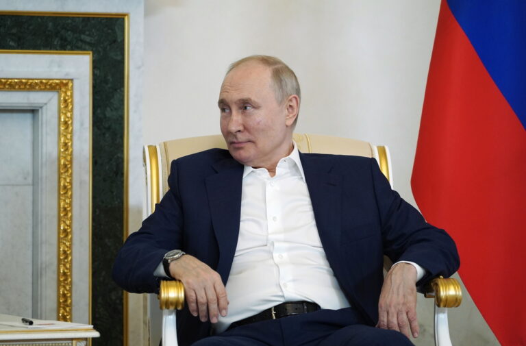 epa10763675 Russian President Vladimir Putin looks on during his meeting with Belarusian President in St. Petersburg, Russia, 23 July 2023. Alexander Lukashenko is on working visit to Russia. EPA/ALEXANDER DEMYANCHUK / KREMLIN / POOL