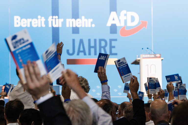 epa10773887 Delegates raise voting cards during the AfD party convention in Magdeburg, Germany, 28 July 2023. The Alternative for Germany (AfD) holds their 14th federal party congress in Magdeburg on 28 July 2023, followed by a five day European Elections assembly. EPA/CLEMENS BILAN