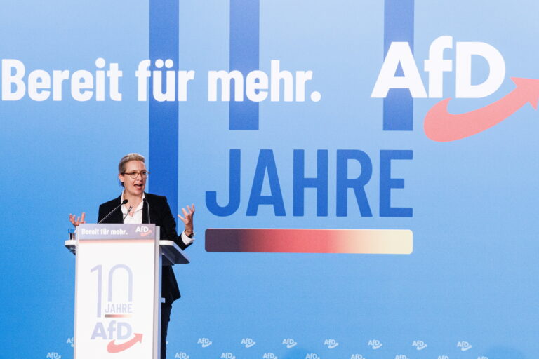 epa10773897 Alternative for Germany co-chairwoman Alice Weidel speaks during the AfD party convention in Magdeburg, Germany, 28 July 2023. The Alternative for Germany (AfD) holds their 14th federal party congress in Magdeburg on 28 July 2023, followed by a five day European Elections assembly. EPA/CLEMENS BILAN