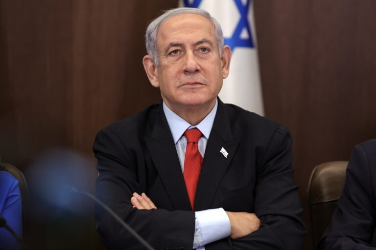 epa10776684 Israeli Prime Minister Benjamin Netanyahu attends the weekly cabinet meeting at the prime minister's office in Jerusalem, 30 July 2023. EPA/ABIR SULTAN / POOL