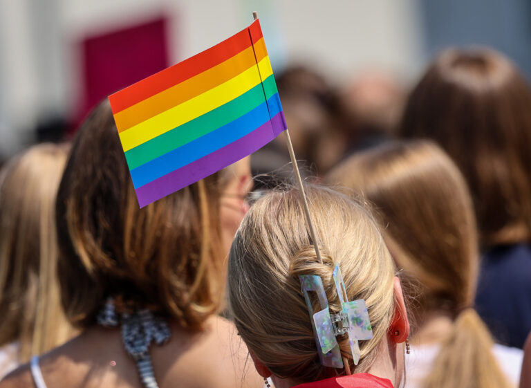 ARCHIV - 17.06.2023, Niedersachsen, Oldenburg: Eine Teilnehmerin trägt eine Regenbogenfahne im Haar beim Umzug zum Christopher Street Day (CSD) durch Oldenburg. (zu dpa: «Land verstärkt Anstrengungen gegen Queerfeindlichkeit») Foto: Focke Strangmann/dpa +++ dpa-Bildfunk +++ (KEYSTONE/DPA/Focke Strangmann)