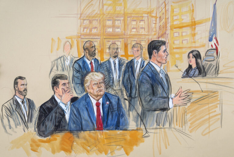 This artist sketch depicts former President Donald Trump, center, conferring with defense lawyer Todd Blanche, left, during his appearance at the Federal Courthouse in Washington, Thursday, Aug. 3, 2023, as Trump defense lawyer John Lauro faces U.S. Magistrate Judge Moxila Upadhyaya. Special Prosecutor Jack Smith sits at far left. Trump pleaded not guilty in Washington's federal court to charges that he conspired to overturn the 2020 election. (Dana Verkouteren via AP)