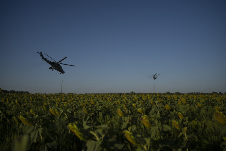 Ukrainian attack helicopters fly over a sunflower field in eastern Ukraine, Friday, Aug. 18, 2023. (AP Photo/Bram Janssen)