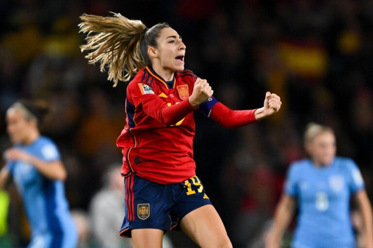 epa10809253 Olga Carmona of Spain celebrates after scoring a goal during the FIFA Women's World Cup 2023 Final soccer match between Spain and England at Stadium Australia in Sydney, Australia, 20 August 2023. EPA/DEAN LEWINS AUSTRALIA AND NEW ZEALAND OUT