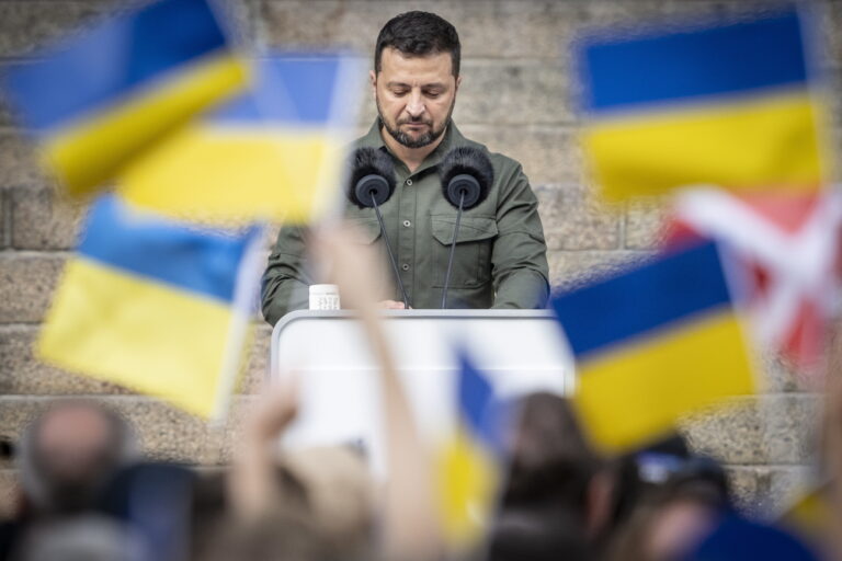 epa10811640 Ukrainian President Volodymyr Zelensky speaks in front of the Danish Parliament in Copenhagen, Denmark, 21 August 2023. Ukrainian President Volodymyr Zelensky and his wife Olena Zelenska are in Denmark on a two-day visit. The US has given the green light for NATO allies to supply the American-manufactured F-16 warplanes to Ukraine and Denmark announced on 20 August that the country will supply jets to Ukraine. EPA/Mads Claus Rasmussen DENMARK OUT