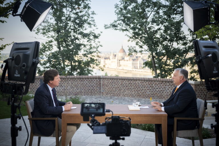 epa10828001 A handout photo made available by the Hungarian PM's Press Office, Hungarian Prime Minister Viktor Orban (R) gives an interview to U.S. political commentator and media personality Tucker Carlson in the government headquarters in Budapest, Hungary, 21 August 2023 (issued 30 August 2023). The interview became public on 30 August on Carlson's X social media account. EPA/Vivien Cher Benko / Hungarian PM's Press Office / HANDOUT HANDOUT EDITORIAL USE ONLY/NO SALES