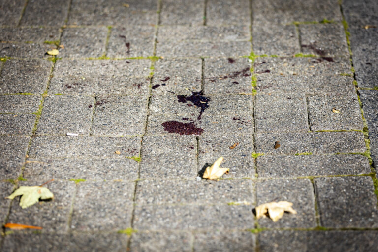 04.09.2023, Niedersachsen, Hannover: Blut ist auf einem Gehweg in der Ithstraße im Stadtteil Stöcken zu sehen. Zwei bislang unbekannte Männer haben einen 27-Jährigen in Hannover mit einem Messer angegriffen und verletzt. Foto: Moritz Frankenberg/dpa +++ dpa-Bildfunk +++ (KEYSTONE/DPA/Moritz Frankenberg)