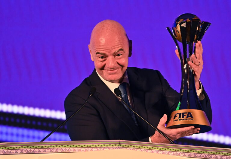 epa10841792 FIFA President Gianni Infantino speaks during the draw for the FIFA Club World Cup Saudi Arabia 2023, in Jeddah, Saudi Arabia, 05 September 2023. The 20th edition of the FIFA Club World Cup will be hosted for the first time by Saudi Arabia between 12 and 22 December 2023. EPA/STRINGER