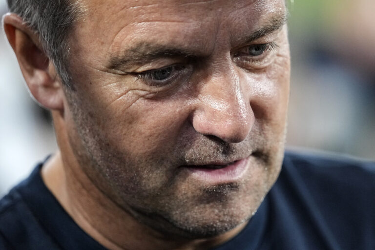 German head coach Hansi Flick is pictured ahead of the international friendly soccer match between Germany and Japan in Wolfsburg, Germany, Saturday, Sept. 9, 2023. Germany lost 1-4, Flick is as head coach under high pressure. (AP Photo/Martin Meissner)