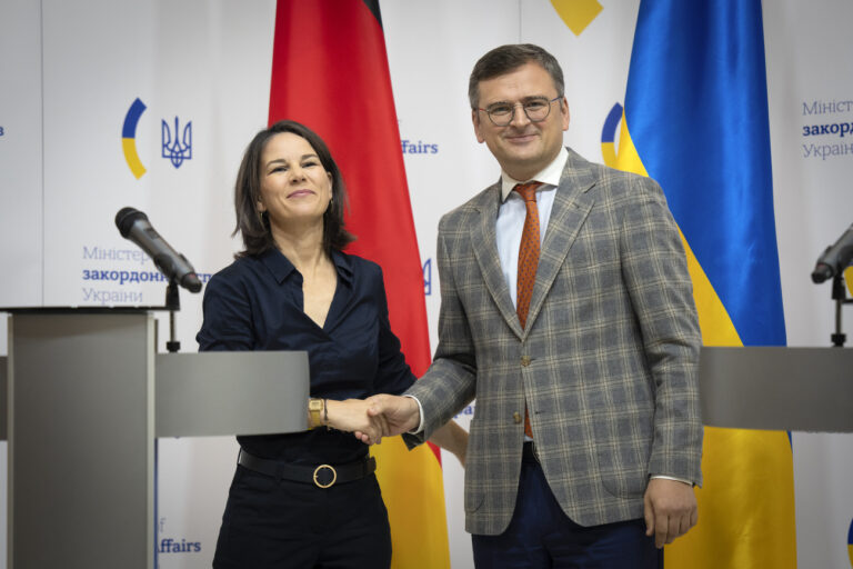 German Foreign Minister Annalena Baerbock, left, and Ukrainian Foreign Minister Dmytro Kuleba pose for photo after joint news conference following their talks in Kyiv, Ukraine, Monday, Sept. 11, 2022. (AP Photo/Efrem Lukatsky/Pool)