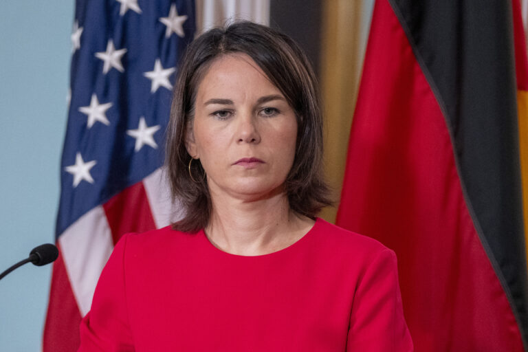 German Foreign Minister Annalena Baerbock listens to a question during a media briefing at the State Department, Friday, Sept. 15, 2023, in Washington. (AP Photo/Alex Brandon)
