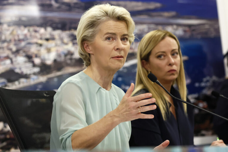 The President of the European Commission, Ursula von der Leyen, left, and Italy's Premier Giorgia Meloni, right, address the media during a joint press conference following a visit of the island of Lampedusa in Italy, Sunday, Sept. 17, 2023. EU Commission President Ursula von der Leyen and Italian Premier Giorgia Meloni on Sunday toured a migrant center on Italy's southernmost island of Lampedusa that was overwhelmed with nearly 7,000 arrivals in a 24-hour period this week. (Cecilia Fabiano/LaPresse via AP)