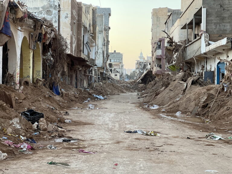 epa10868436 A damaged neighborhood, days after Storm Daniel swept across eastern Libya, in the port city of Derna, Libya, 18 September 2023. Intense rainfall from the storm in the country's eastern region caused the collapse of two dams south of the city of Derna, sweeping away entire neighborhoods. The death toll has surpassed 11,300 and over 34,000 people have been displaced across the country. The flooding exacerbated Libya's needs, where 800,000 people are reported in need of humanitarian assistance, the International Rescue Committee (IRC) said. EPA/STR