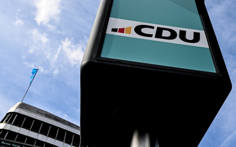 epa10869246 A new logo of Christian Democratic Union (CDU) is seen in front of CDU headquarters as party launches 'Pur' campaign in Berlin, Germany, 19 September 2023. The logo should apply to all CDU German regional associations, EPA/FILIP SINGER