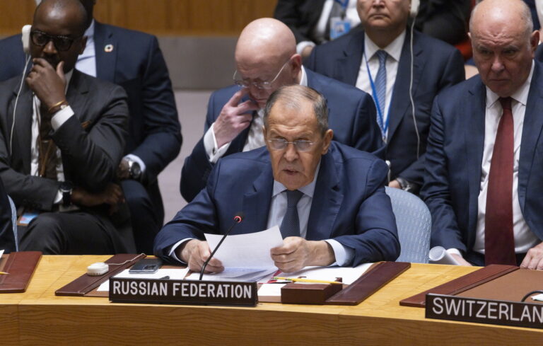 epa10872512 Russia's Foreign Minister Sergey Lavrov speaks during an United Nations Security Council meeting attended by Ukraine's President Volodymyr Zelensky about the war between Ukraine and Russia on the sidelines of the 78th session of the United Nations General Assembly at United Nations Headquarters in New York, New York, USA, 20 September 2023. EPA/JUSTIN LANE